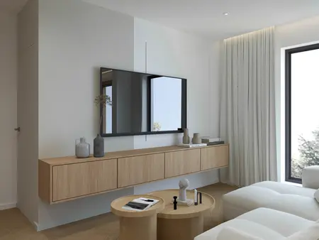 Minimalistyczny salon w stylu japandi z drewnianymi akcentami i dużym lustrem