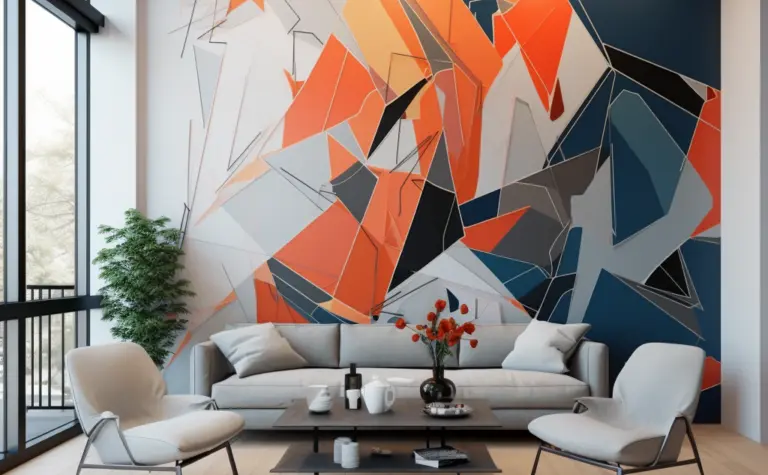 Wnętrze salonu z kolorową ścianą w stylu art deco, minimalistycznymi meblami i rośliną.