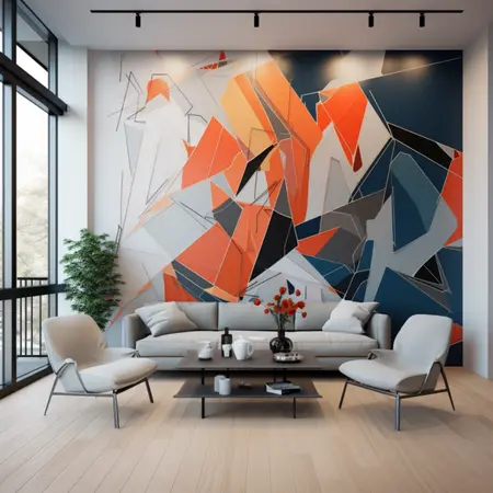 Wnętrze salonu z kolorową ścianą w stylu art deco, minimalistycznymi meblami i rośliną.