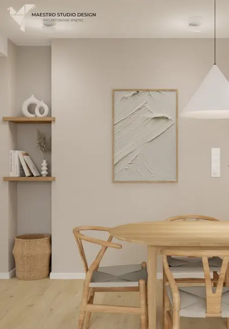 Wnętrze jadalni w stylach boho i japandi z drewnianym stołem.