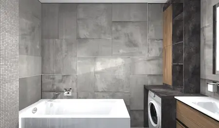 Wnętrze łazienki z wanną, szarymi płytkami i drewnianymi meblami w stylu dopamine decor i industrialnym.