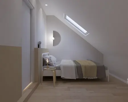 Sypialnia w stylu japandi i minimalistycznym z funkcjonalnym łóżkiem.