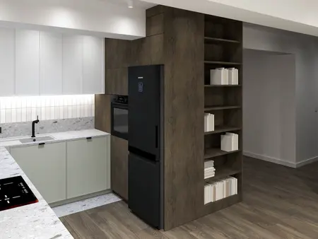 Nowoczesna kuchnia z minimalistycznym designem, drewnianymi akcentami i białymi meblami.