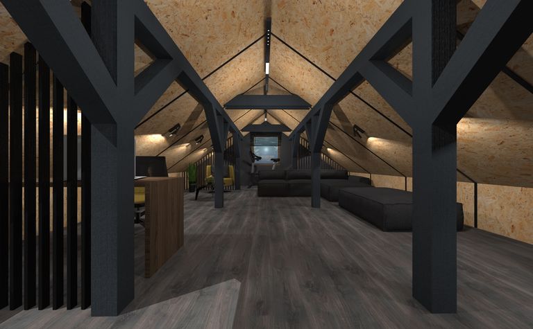 Poddasze w stylu industrialnym z nowoczesnym wyposażeniem i drewnianymi detalami.