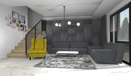 Wnętrze salonu w stylu industrialnym i minimalistycznym z szarymi meblami i żółtym fotelem.