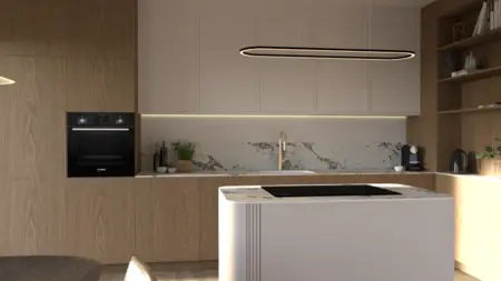 Wnętrze kuchni w stylu japandi i minimalistycznym z drewnianymi szafkami.