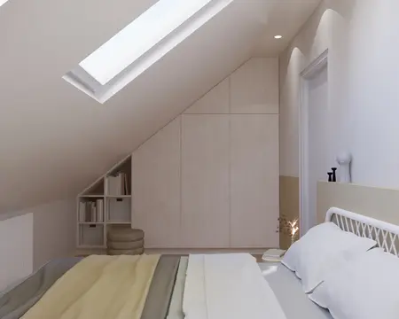 Poddasze w stylu japandi i minimalistycznym z jasnym drewnem i naturalnymi dodatkami.