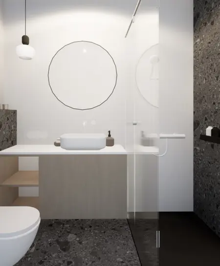 Nowoczesna łazienka eklektyczna z industrialnymi akcentami, minimalistycznymi meblami i vintage dodatkami.