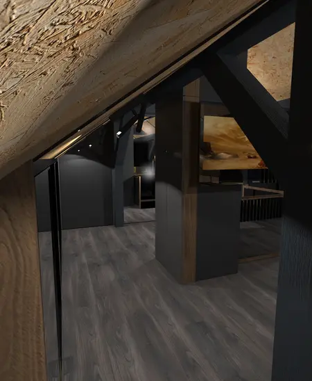Wnętrze poddasza w stylu industrialnym i nowoczesnym z drewnianymi detalami.