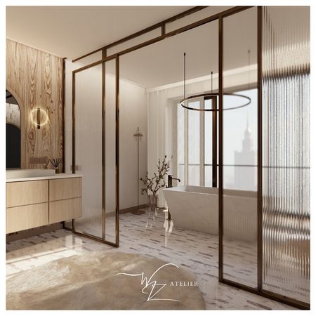 Nowoczesna łazienka glamour z drewnem i wanną