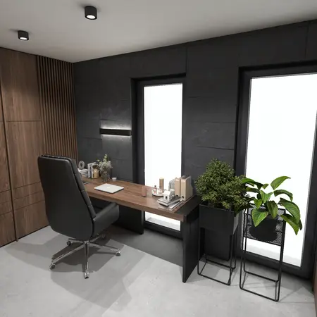 Gabinet z drewnianym biurkiem, nowoczesnymi roślinami, minimalistycznym designem.