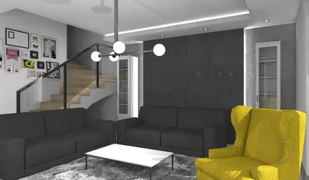 Wnętrze salonu w stylu industrialnym z czarnymi sofami, żółtym fotelem oraz nowoczesnym oświetleniem.
