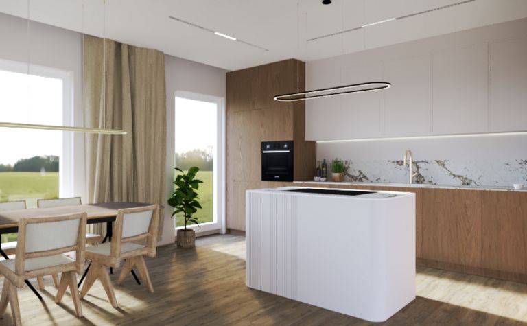 Kuchnia w stylu japandi i minimalistycznym z drewnianymi akcentami