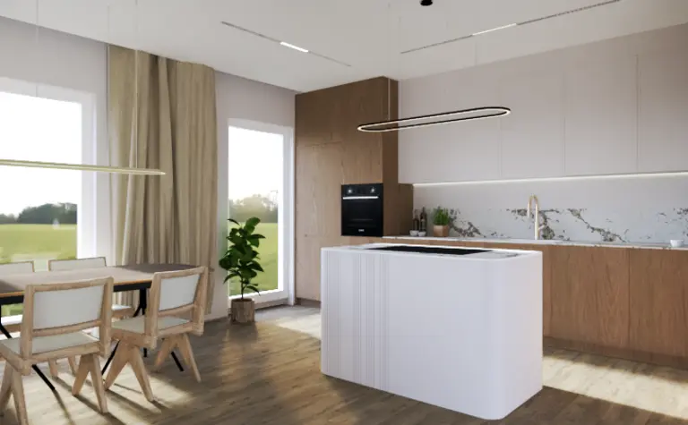 Kuchnia w stylu japandi i minimalistycznym z drewnianymi akcentami