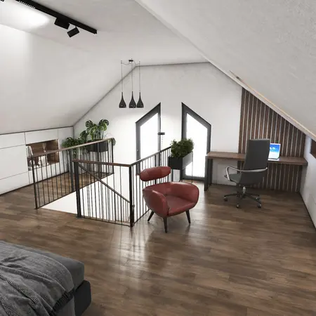 Poddasze w stylu industrialnym z minimalistycznym biurkiem i nowoczesną czerwoną sofą.