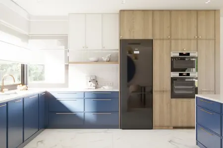 Kuchnia z niebieskimi meblami i drewnianymi akcentami, nowoczesny design.