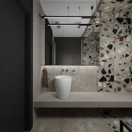 Wnętrze łazienki w stylu industrialnym z białym WC i mozaikowymi płytkami.