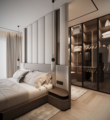 Wnętrze sypialni w stylu nowoczesnym z elementami quiet luxury i współczesnymi akcentami.