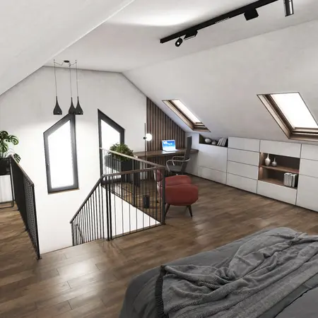 Poddasze w stylu industrialnym i minimalistycznym z biurkiem, czerwonym fotelem i roślinnością.