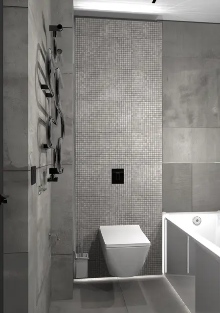 Nowoczesna łazienka z szarymi i białymi akcentami, inspirowana stylem dopamine decor, industrialnym, japandi.