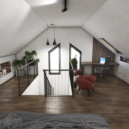 Poddasze w stylu industrialnym z biurkiem, roślinami i nowoczesnym oświetleniem.