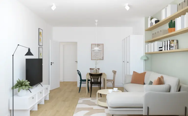 Wnętrze salonu w stylu dopamine decor, eklektycznym i skandynawskim z jasnymi akcentami.