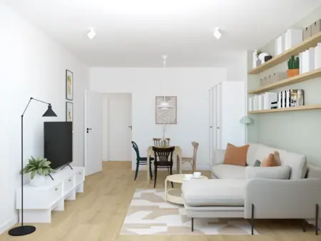 Wnętrze salonu w stylu dopamine decor, eklektycznym i skandynawskim z jasnymi akcentami.