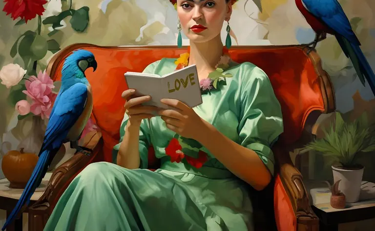 Kobieta w zielonej sukience czytająca książkę, obok kolorowe papugi, styl art deco, eklektyczny, glamour.