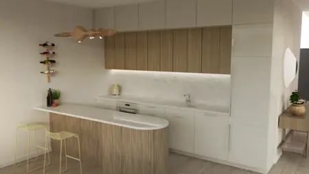Kuchnia boho z drewnianymi meblami i jasnymi akcentami