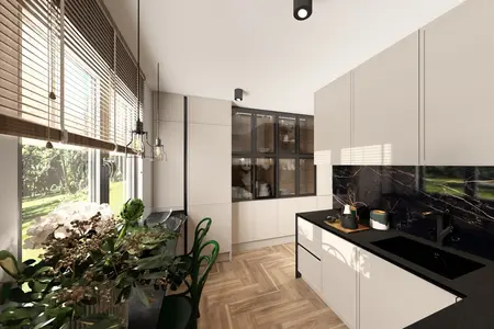 Kuchnia z beżowymi meblami, czarnym blatem i roślinami w stylu industrialnym, minimalistycznym, nowoczesnym.