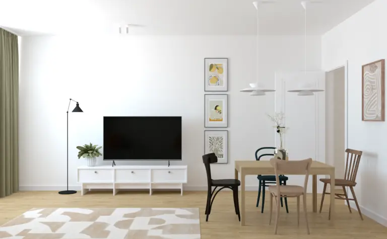 Wnętrze z telewizorem, stołem i krzesłami w stylu dopamine decor, eklektycznym, nowoczesnym, skandynawskim, vintage, współczesnym.