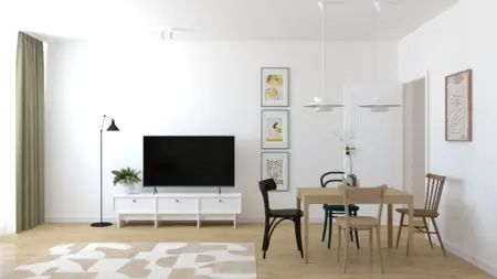 Wnętrze z telewizorem, stołem i krzesłami w stylu dopamine decor, eklektycznym, nowoczesnym, skandynawskim, vintage, współczesnym.