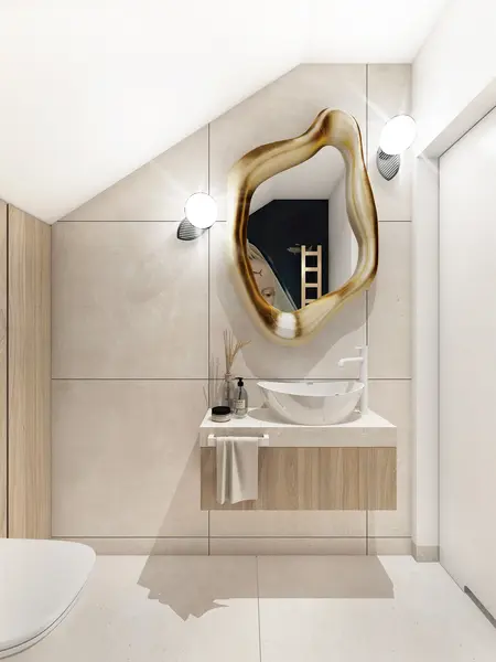 Łazienka w stylu art deco, eklektycznym i nowoczesnym z eleganckim lustrem.