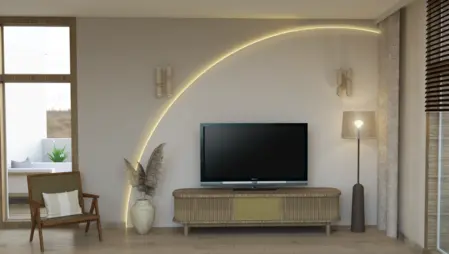 Salon z telewizorem, drewnianym meblem i nowoczesnym oświetleniem w stylu boho.