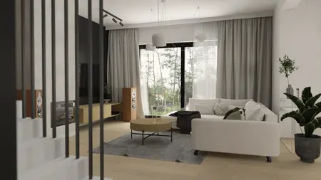 Wnętrze nowoczesnego salonu z jasnymi meblami i dużymi oknami
