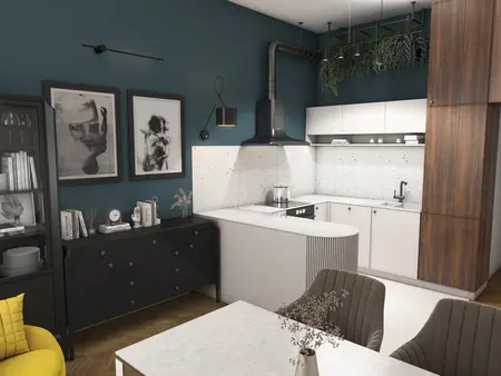 Nowoczesna kuchnia w stylu glamour, industrialnym i vintage z szarymi meblami.