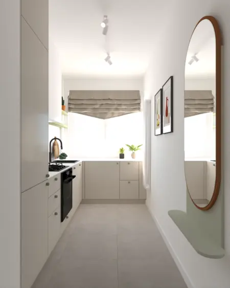 Kuchnia w stylu dopamine decor z eklektycznymi akcentami i nowoczesnymi meblami.