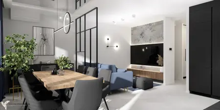 Wnętrze jadalni z drewnianym stołem, niebieską sofą i roślinami. Styl glamour, industrialny, minimalistyczny.