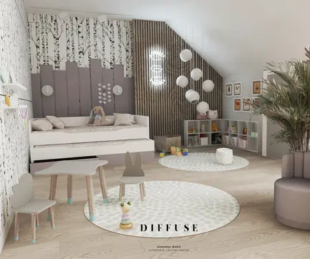 Pokój dla dzieci w stylu eklektycznym i minimalistycznym z zabawkami.