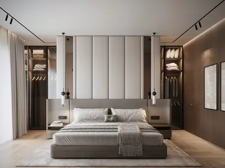 Wnętrze sypialni z nowoczesnym wezgłowiem, w stylu quiet luxury.