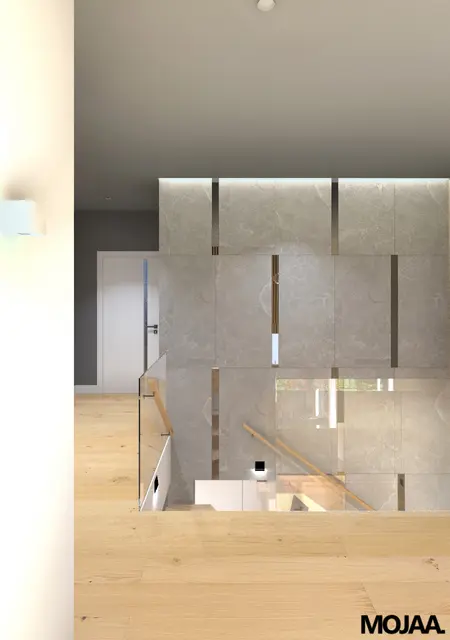 Współczesne wnętrze z jasnymi ścianami, drewnianą podłogą i szklanym balustradą