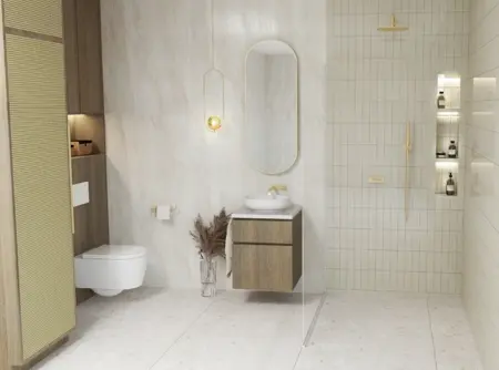 Nowoczesna łazienka z drewnianymi meblami i jasnymi kaflami, styl boho.