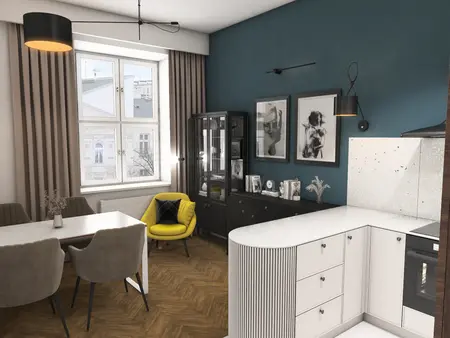 Wnętrze jadalni z elementami glamour, industrialnymi i vintage, żółty fotel.