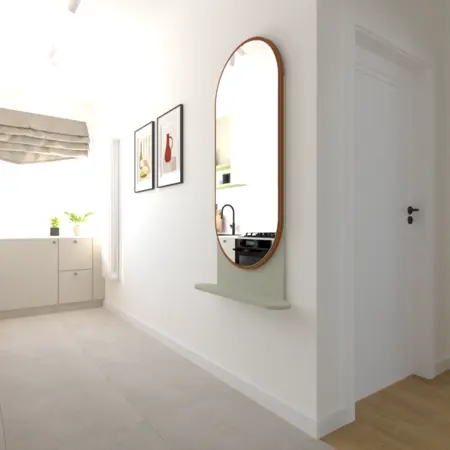 Przedpokój w stylu dopamine decor z zielonym lustrem i eklektycznymi obrazami.