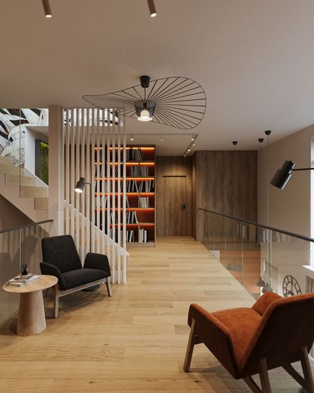 Nowoczesne wnętrze z drewnianą podłogą, regałem i lampami w stylu industrialnym.