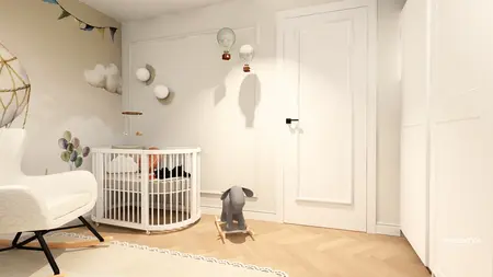 Pokój dziecięcy z białym łóżeczkiem, tłem w balonach i dekoracjami. Współczesny design.
