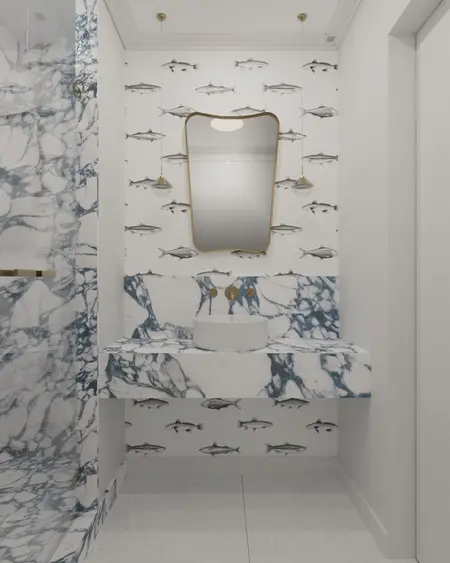 Nowoczesna łazienka z marmurową umywalką i tapetą z rybami, styl art deco i tradycyjny.
