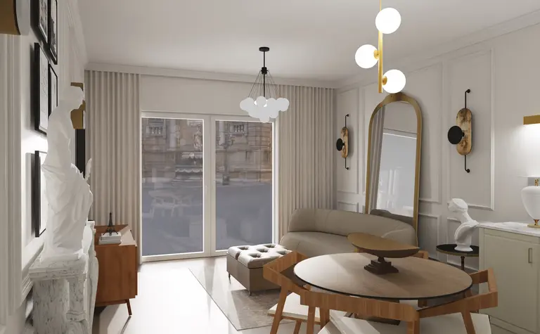 Wnętrze salonu w stylu art deco z elementami glamour i współczesnymi akcentami.