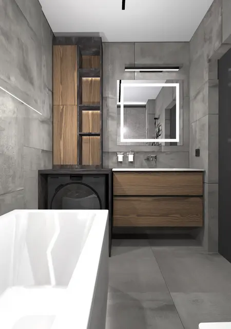 Wnętrze łazienki w stylu dopamine decor, industrialnym i japandi z drewnianymi meblami.