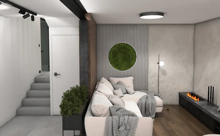 Wnętrze salonu w stylu minimalistycznym, z białą sofą, drewnianymi detalami i roślinnością.